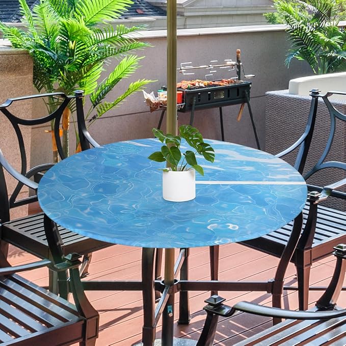 Fitted Round Tablecloth with Umbrella Hole and Zipper Ocean Outdoor Elastic Table Cloth 36"-44" Oil-Proof Waterproof Blue Water Patio Table Cover for Picnic Party