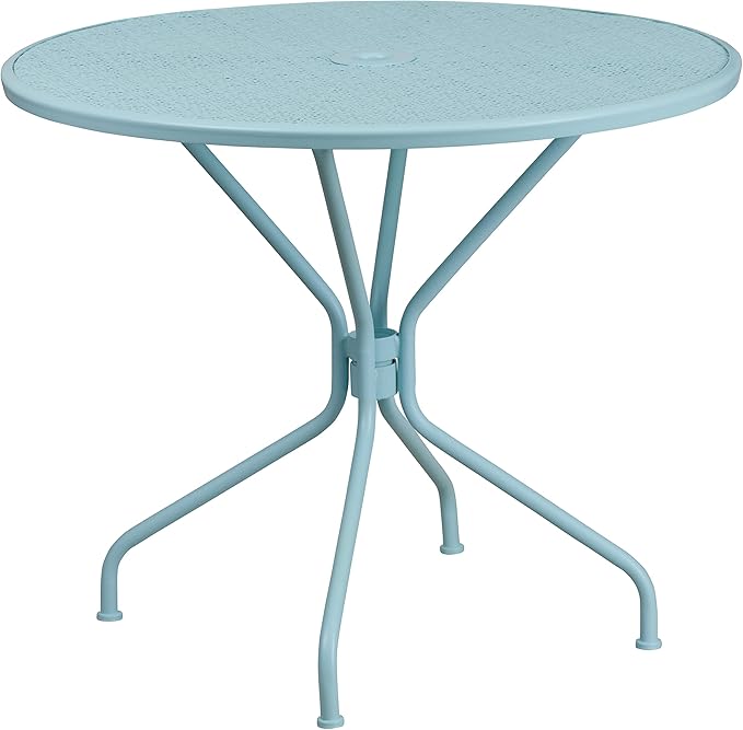 Flash Furniture Oia Commercial Grade 35.25" Round Sky Blue Indoor-Outdoor Steel Patio Table Set with 4 Square Back Chairs