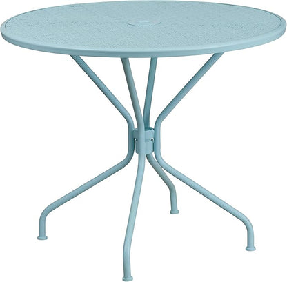 Flash Furniture Oia Commercial Grade 35.25" Round Sky Blue Indoor-Outdoor Steel Patio Table Set with 4 Square Back Chairs