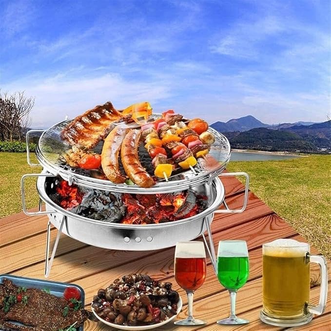 Outdoor Charcoal Grill Stainless Steel Portable Charcoal Grill Barbecue Cooking Stove Round BBQ Grill for Outdoor Picnic Cooking BBQ Grill Barbecue Grill Grill