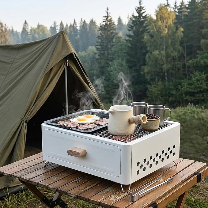 LOGOFUN Portable Charcoal Grill with Enamel Griddle Pan Japanese Style Tabletop BBQ for Outdoor Camping Folding Barbecue Hibachi Backyard Patio Balcony Snow White