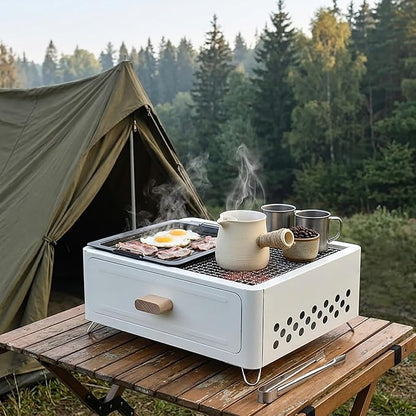 LOGOFUN Portable Charcoal Grill with Enamel Griddle Pan Japanese Style Tabletop BBQ for Outdoor Camping Folding Barbecue Hibachi Backyard Patio Balcony Snow White