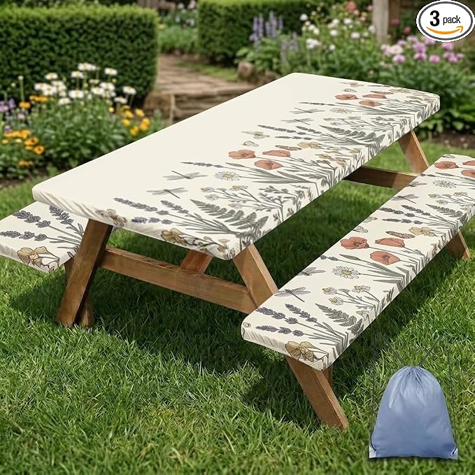 Picnic Table Cover with Bench Covers, Botanical Camper, 72 Inch | 3PCS Waterproof Elastic Edges Fitted Tablecloth Outdoor Camping Essentials with Drawstring Bag