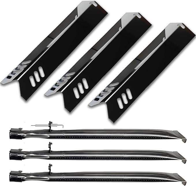 Set of Three Porcelain Steel Replacement Heat Plates and Stainless Steel Burners for Master Cook 3 Burner Grill Model