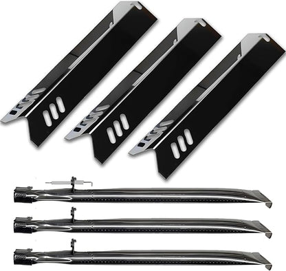 Set of Three Porcelain Steel Replacement Heat Plates and Stainless Steel Burners for Master Cook 3 Burner Grill Model