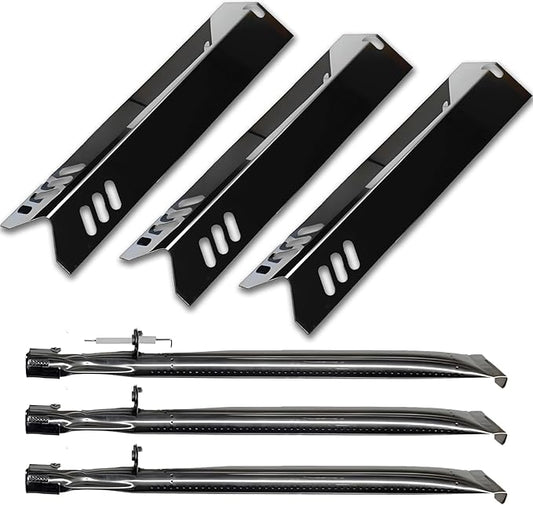 Set of Three Porcelain Steel Replacement Heat Plates and Stainless Steel Burners for Master Cook 3 Burner Grill Model