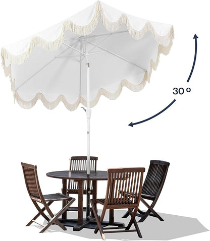 JONATHAN Y UMB1001 Collins 9 ft. Classic Cottage Tassel Market Patio Umbrella with Auto-Tilt, Crank, Wind Vent and UV Protection