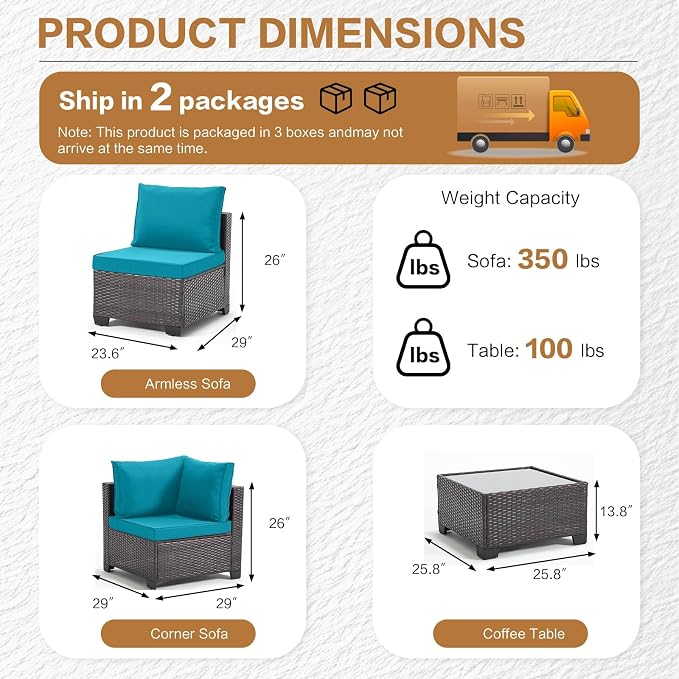 MOCHITO 5 Pieces Outdoor Patio Furniture Sets, All-Weather Sectional Sofa Dark Brown PE Rattan Wicker Conversation Set with Glass Table and Washable Turkish Cushions for Backyard,Sunroom,Garden,Porch