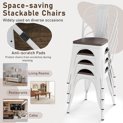 COSTWAY Stackable Metal Dining Chairs Set of 4 with Wood Seat and High Back | White, Industrial Vintage Style, Elm Wood Seat Board, 18 Inch, for Dining Room, Kitchen, Bar, Cafe, Bistro, Restaurant