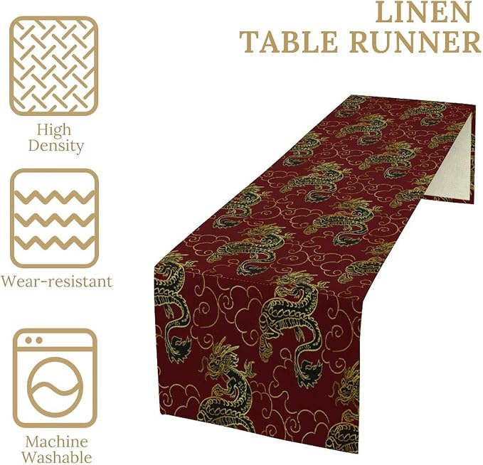 Dragon Table Runner Oriental Vintage Asian Chinese Japanese Traditional Style Burgundy Dinner Runner Table Decoration for Home Kitchen Dining Table Party Decoration 13x120in