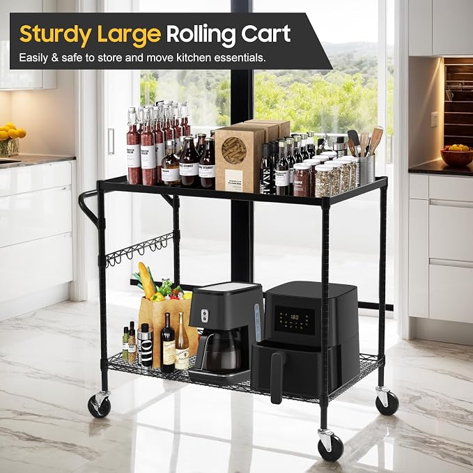 2-Tier Utility Cart with Wheels, Metal Cart with 1000LBS Capacity, NSF Heavy Duty Rolling Cart, Commercial Grade Serving Tool Storage Carts for Warehouse Garage Kitchen, 24"D x 40"W x 39"H, Black