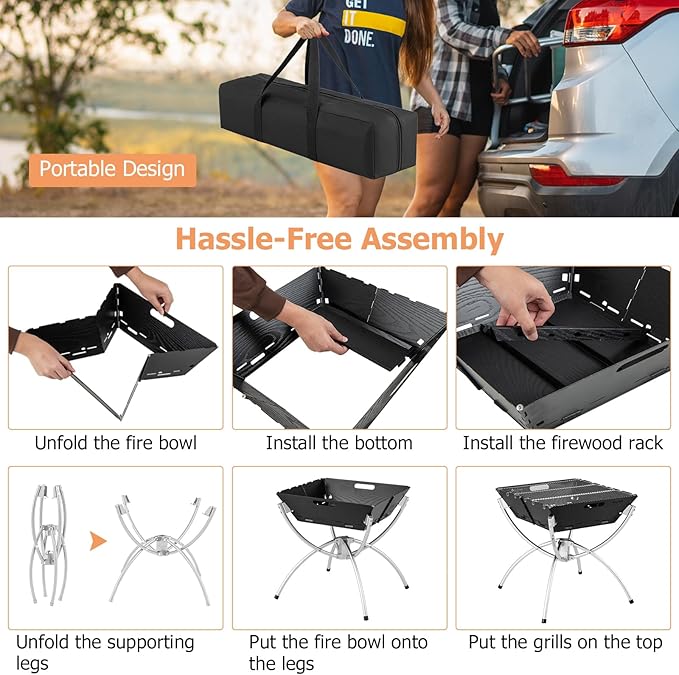Giantex Folding Campfire Grill, Camping Grill with Stainless Steel Grates, Collapsible Aluminum Legs, Carry Bag, Portable Firewood Barbecue Grill for Backpacking Road Trips Outdoor Cooking