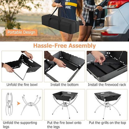 Giantex Folding Campfire Grill, Camping Grill with Stainless Steel Grates, Collapsible Aluminum Legs, Carry Bag, Portable Firewood Barbecue Grill for Backpacking Road Trips Outdoor Cooking