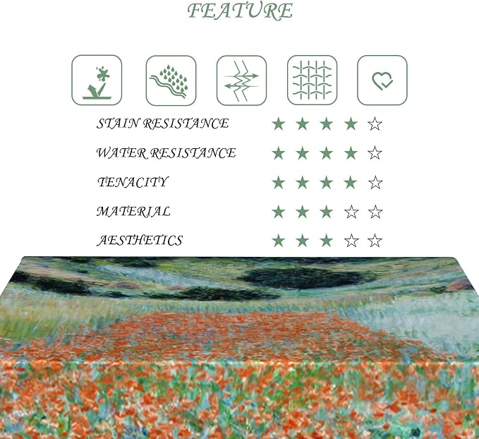 60x84 Inch Oil Painting Rectangle Tablecloth Red Wild Flower Grassland Table Cloth Impressionist Art Washable Durable Table Cover for Dining Garden Atelier BBQ Home Decor