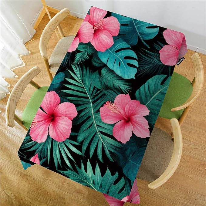 Swono Palm Leaves Table Cover Tropical Flower Jungle Palms Hibiscus 50x72 Inch Table Cloth for Rectangle Tables Buffet Parties Coffee BBQ and Dinning Tablecloth