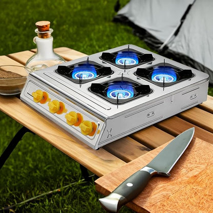 Vivicreate 4 Burner Propane Gas Stove 40000 BTU Stainless Steel Cooktop with Enamel Pan Support Electronic Ignition for Camping Outdoor Cooking BBQ Fogón de Estufa de Gas Portátil