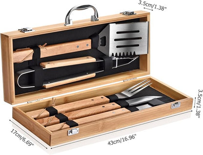 5-Piece BBQ Tools Set with Bamboo Case, Wooden Handle Stainless Steel Grill Accessories for Outdoor Cooking,Camping and Barbecue