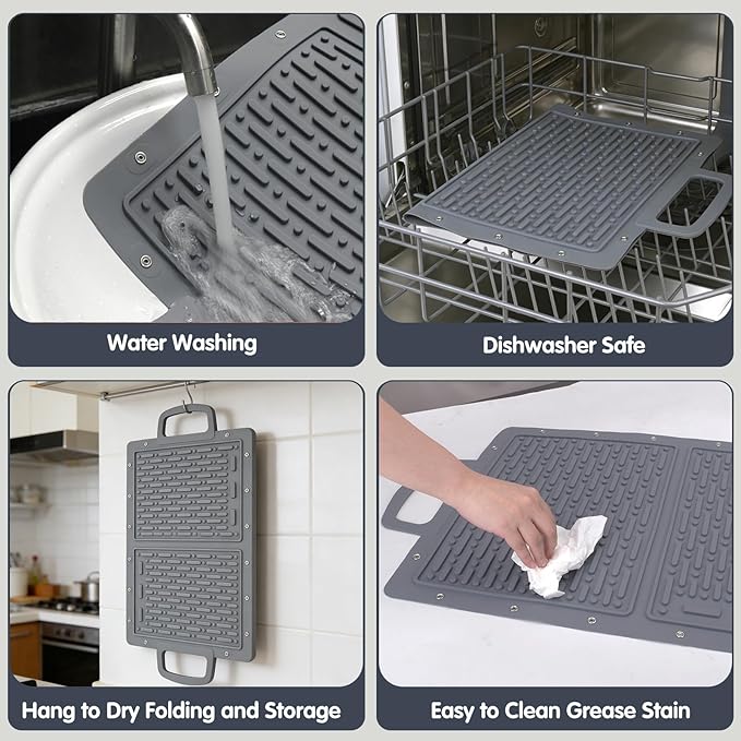 LIONROGE Large Silicone Grill Mat, Foldable Silicone Griddle Tools Spatula Mat with Drip Pad & Handle & Snap Buttons, Portable BBQ Side Shelf Mats Grill Pad for Blackstone Griddles Accessories,Gray