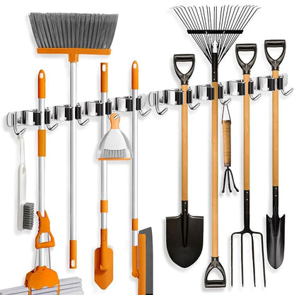 ZONGOOL 2 Pack Mop Broom Holder Wall Mount 4 Racks 5 Hooks Storage Silver | 304 Rustproof Stainless Steel Broom Hanger, Non-Slip Wall Mount Organizer, Space Saving For Kitchen, Laundry, Garden
