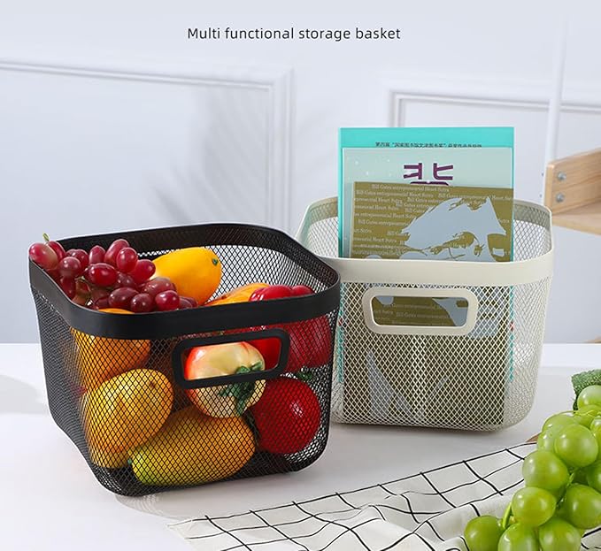 AJIODA Metal Mesh Steel Baskets, Household Wire Storage Organizer Bin Garden Harvest Basket Multi-functional Fruit Baskets with Handles for Kitchen Bathroom Picnic Shopping Decor Cabinet Home, Beige