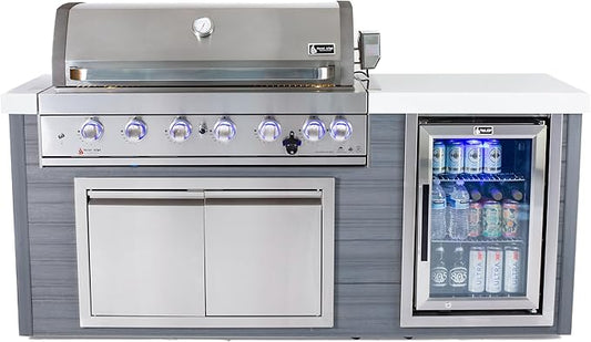 Mont Alpi Artwood Series - 78"W x 47"H x 27"D All Weather HDPE Outdoor Kitchen Island with Refrigerator & Double Access Doors + 44"W Stainless Steel 6-Burner Built-in BBQ Gas Grill with Rotisserie Kit