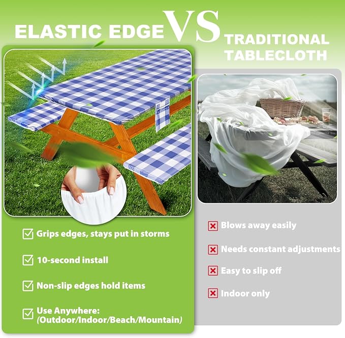 Wrakus Picnic Table Cover with Bench Covers Vinyl Elastic Edges Fitted Rectangle Seat Tables Waterproof 3-Piece96X30in Set Outdoor Rectangular Folding Backing Tablecloth for Camping Over Size