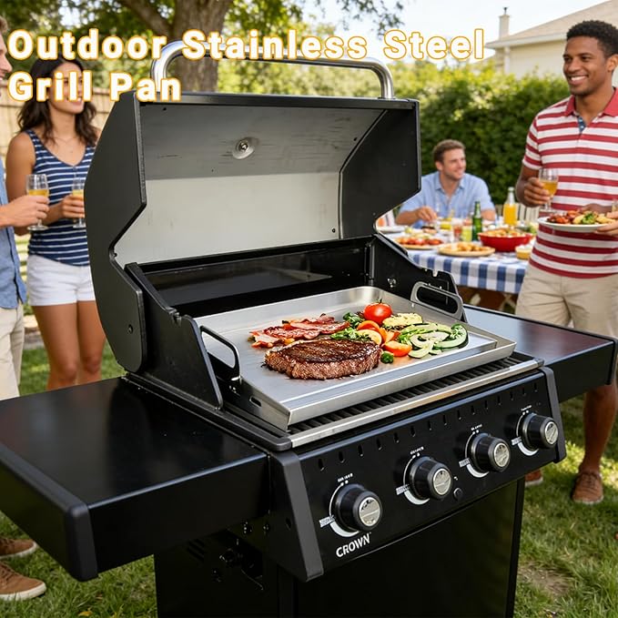 Universal Stainless Steel Griddle For Gas Grill And Gas Stove, 23” X 17” Flat Top Griddle With Handle For Weber, Nexgrill, Charbroils And Kenmore, Gas Griddle For Tailgating, Camping, And Party