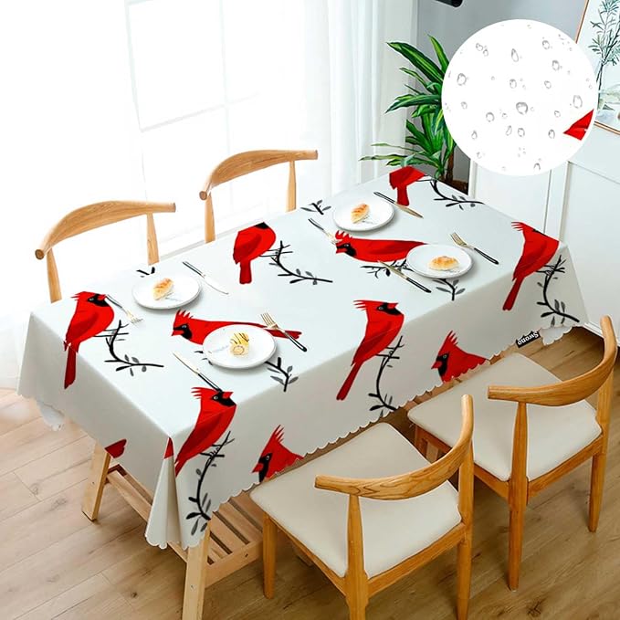 Swono Cardinal Bird Table Cover Red Birds On Branches 52x70 Inch Tablecloth Table Cloth for Rectangle Tables Buffet Parties Coffee BBQ and Dinning Tablecloth