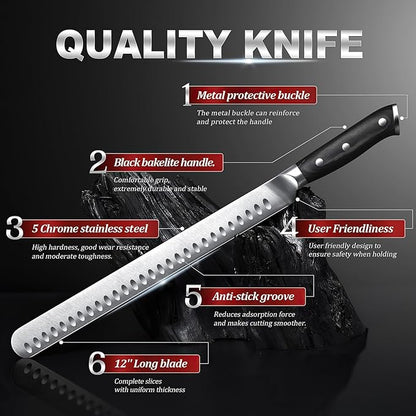 YFWOOD Slicing Carving Knife, 12 inch Brisket Knife for Meat Cutting, BBQ, Turkey – Razor Sharp High Carbon Stainless Steel Slicing Knives, Full Tang, Ergonomic Handle, Professional Chef's Knives
