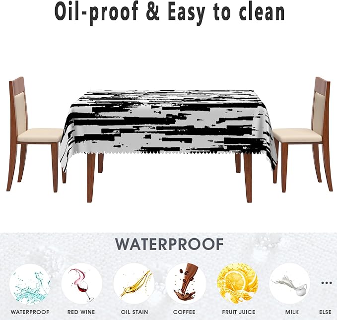 Black and White Striped Fabric Waterproof Tablecloth Vintage Texture Grain Table Cloth Dust-Proof Table Cover Protector for Restaurant Picnic Camping BBQ Decorative for Home Decor 52x70 Inch