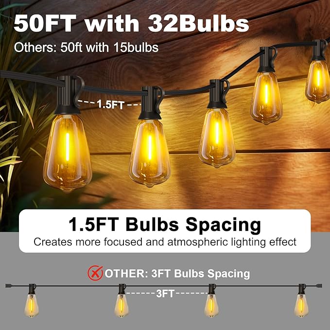 50FT Solar String Lights with 32 Bulbs 1.5FT Bulbs Spacing, 10Hours, Remote | 2Spare Bulbs, 3600mAm Battery, Remote On/Off & Sensor, Zipper & Screw, IP65 Waterproof For Patio Outside Backyard