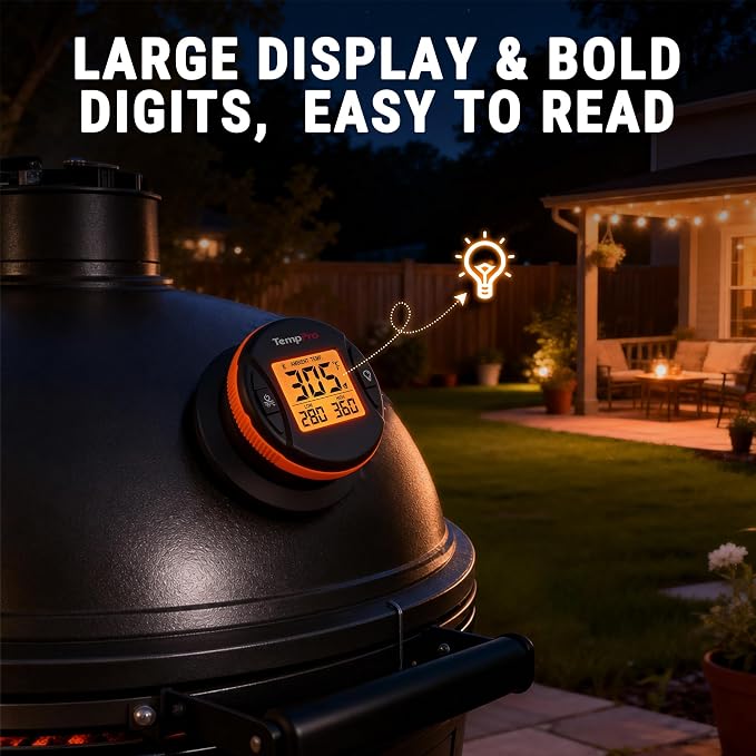 TempPro TempGauge Bluetooth Grill Thermometer with LCD Display & App Alerts | 500FT Wireless Temperature Gauge for Smoker, Kettle, Kamado, Pellet, Gas Grills, 0.3 Inches Universal Sensor Fits Most Lids