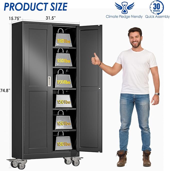 GAIOUS Metal Garage Storage Cabinet with Lock, Steel Tool Cabinet with 2 Doors and 5 Adjustable Shelves, 75” Tall Lockable File Cabinet with Wheels, Organization for Home Office Garage Gym - Black