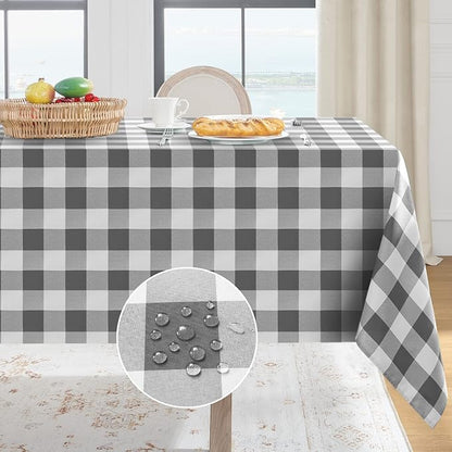 Softalker Gingham Checkered Tablecloth Rectangle - Outdoor Waterproof Buffalo Plaid Table Cloth, Stain Resistant Washable Table Cover for Picnic, Camping, Dining - Grey and White, 54 x 120 Inch