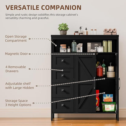 Vabches Farmhouse Storage Cabinet with 2 Doors and 4 Drawers, Freestanding Bathroom Compartment Kitchen Pantry Cabinet, Floor Cupboard for Kitchen/Living Room/Bathroom,Pure Black