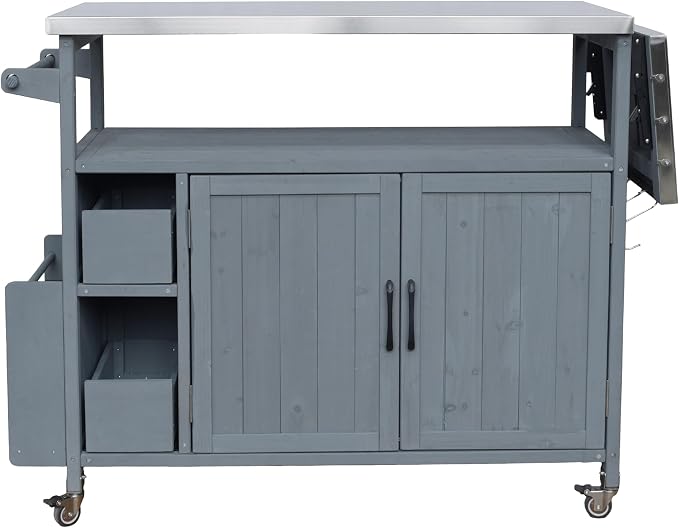 Christopher Knight Home Edsel Outdoor Bar Cart with Stainless Steel Top and Lockable Wheels, Solid Wood Outdoor Storage Cabinet, Kitchen Island Serving Cart for Poolside, Garden, Blue Gray