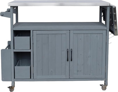 Christopher Knight Home Edsel Outdoor Bar Cart with Stainless Steel Top and Lockable Wheels, Solid Wood Outdoor Storage Cabinet, Kitchen Island Serving Cart for Poolside, Garden, Blue Gray