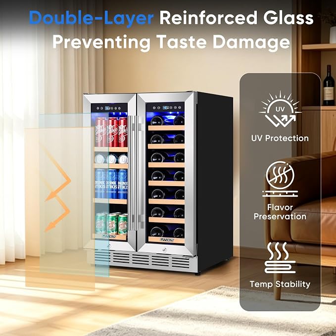 24 Inch Built-in Wine and Beverage Refrigerator Dual Zone | Under Counter Wine Fridge with Glass Door, Digital Touch Panel with °C/°F Switch, Low Noise Cooling for Kitchen, Home Use