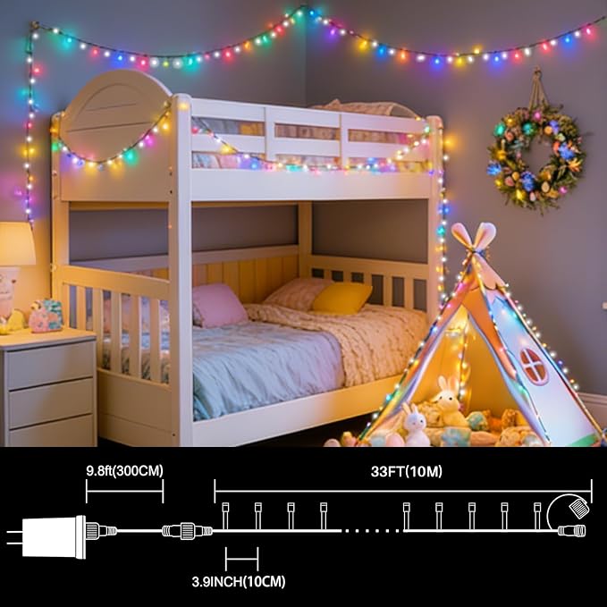 33ft Christmas Decorative Mini Lights, 100 LED Green Wire Fairy Starry String Lights Plug in, 16 Lighting Modes, for Indoor Outdoor Xmas Tree Wedding Party Decoration (White+Multicolor)