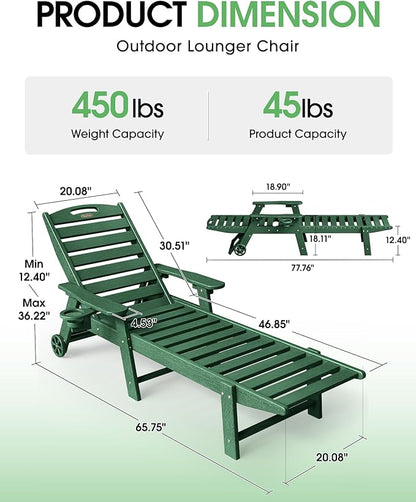 Lounge Chair Outdoor Set of 2, HDPE Chaise Lounge Outdoor with 6-Position & Wheels &Cup Holder, Pool Lounge Chair for Pool Poolside Deck Backyard Patio, Green