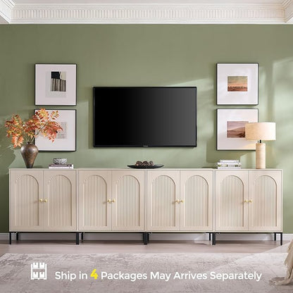 IFBUY Modern Sideboard Buffet Cabinet, 123.5" W Fluted Arched Buffet Cabinet with Storage and Adjustable Shelves, Wooden Modular Coffee Bar Cabinets for Kitchen, Entryway, Cream
