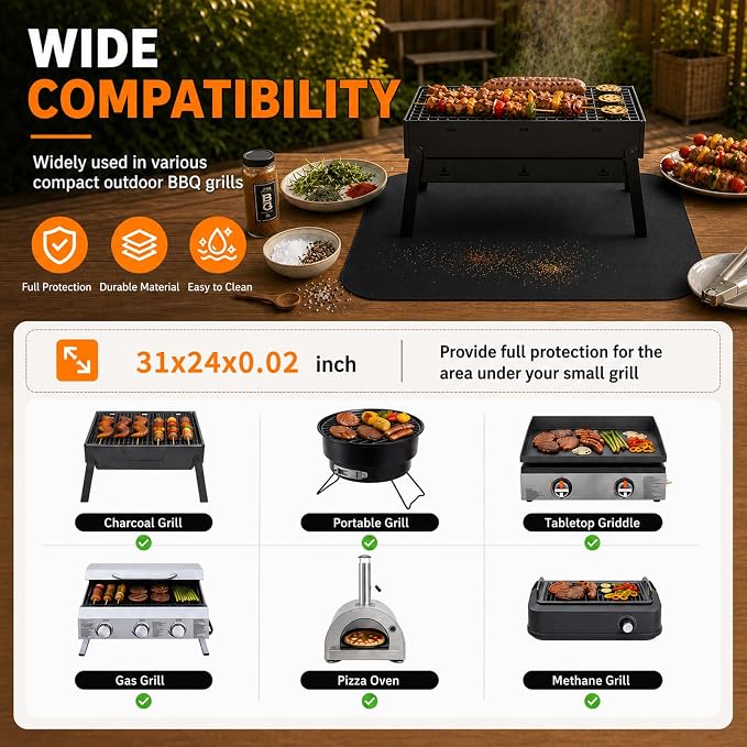 31 x 24 Inch Heat Resistant Mats for Countertop and Tabletop Grill | Fireproof Grill Mat for Outdoor Grill, fits Portable Charcoal Grills, Gas Grills, Pizza Ovens, fits Blackstone & Ninja, Black