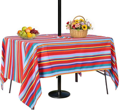 SquarePie Outdoor Tablecloth with Umbrella Hole and Zipper Rectangle Waterproof Spillproof Table Cloth for Spring Summer Picnic Patio Garden Poolside Camping, 60x84 inch Color Stripe