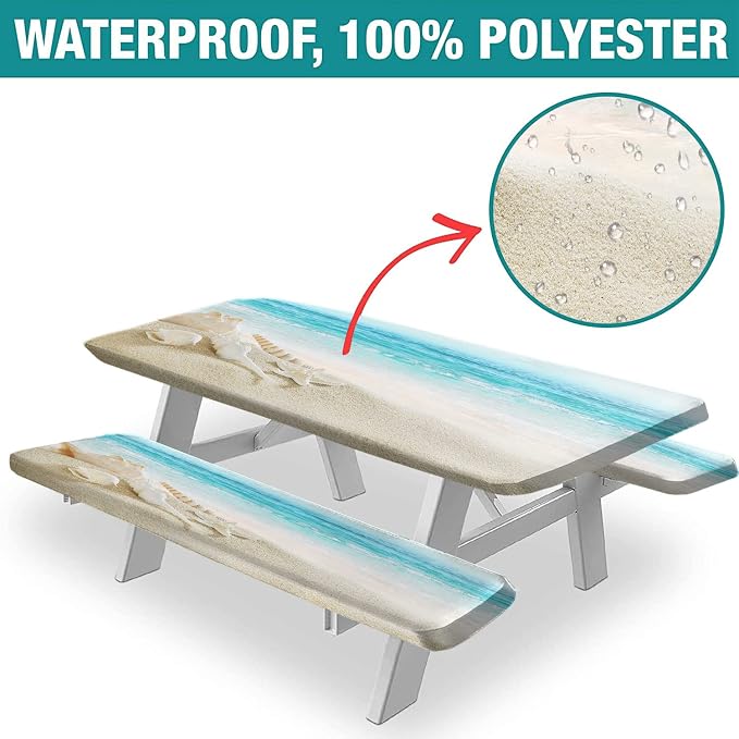 Sea Starfish Shell Picnic Table and Bench Fitted Tablecloth Cover, Ocean Summer Starfish Shell Outdoor Table Cover, 72X28 Inch, 3 Pieces Set, Rectangle Fitted Tablecloth for Camping Patio Park Use