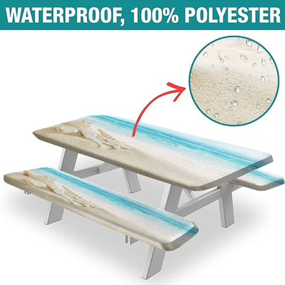 Sea Starfish Shell Picnic Table and Bench Fitted Tablecloth Cover, Ocean Summer Starfish Shell Outdoor Table Cover, 72X28 Inch, 3 Pieces Set, Rectangle Fitted Tablecloth for Camping Patio Park Use