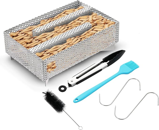 MYFULLY 5" x 8" Pellet Smoker Tray, 12 Hours Billowing Maze Smoker Box, Stainless Steel Cold Smoke Generator for Hot & Cold Smoking Meat Fish Cheese Pork, Fit Any Grill or Smoker, with Cleaning Tools