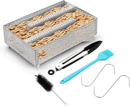 MYFULLY 5" x 8" Pellet Smoker Tray, 12 Hours Billowing Maze Smoker Box, Stainless Steel Cold Smoke Generator for Hot & Cold Smoking Meat Fish Cheese Pork, Fit Any Grill or Smoker, with Cleaning Tools