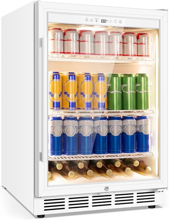 FoMup 24" Undercounter Beverage Refrigerator with Glass Door, 200-Can | Reversible door for flexible installation, Digital temperature control, safety lock, White finish, LED light