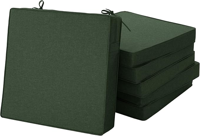 Outdoor Chair Cushions, Chair Pads, Set of 6, 17 x 16, Olive Green | Water-Resistant & Fade-Resistant, Patio Seat Replacement, Removable Cover with Zipper, Non-Slip Bottom with Straps