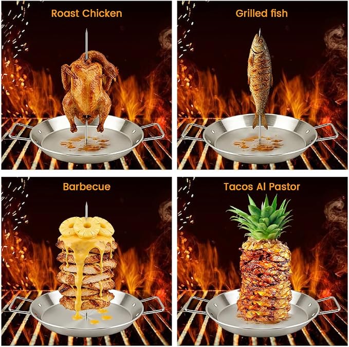 Al Pastor Skewer for Grill, 13 Inch Stainless Steel Vertical Shawarma Skewer with Gyro Pan, Brazilian Spit Stand with 5 Spikes, 2 Brushes & Gloves for Tacos Al Pastor, Kebabs, Smoker & Oven